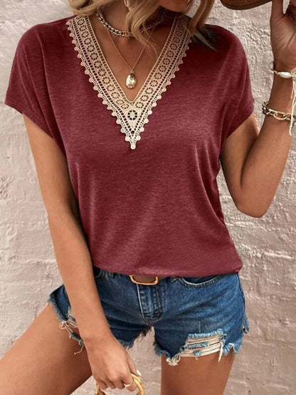 Full Size Lace Detail V-Neck Short Sleeve T-Shirt Burgundy