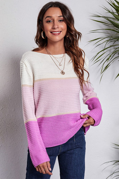 Color Block Horizontal Ribbing Sweater Pink