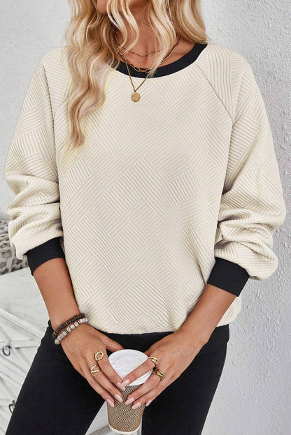 Texture Contrast Long Sleeve Sweatshirt Beige