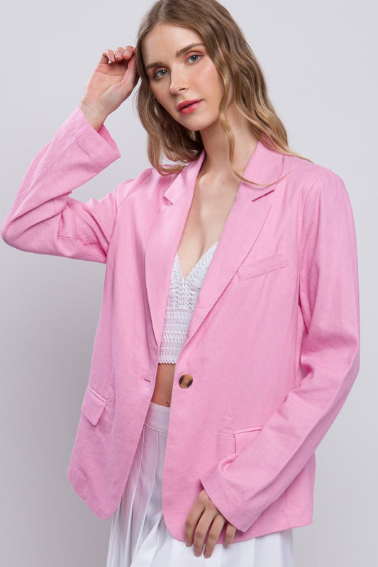 Love Tree One-Button Long Sleeve Linen Blazer Pink