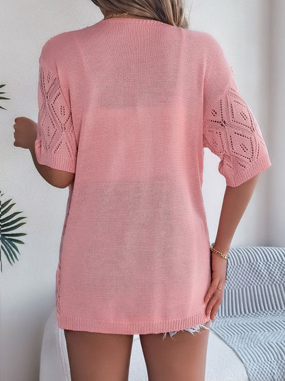 Openwork Open Front Half Sleeve Cardigan Blush Pink