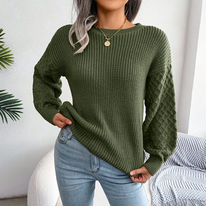 Mixed Knit Round Neck Dropped Shoulder Sweater Army Green M