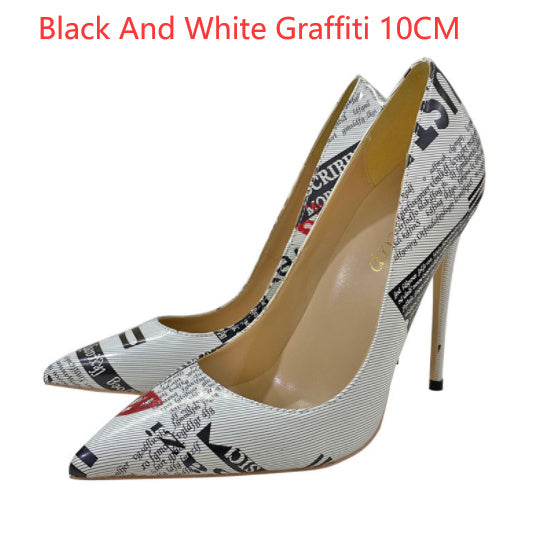 Stiletto Heel Pointed Toe Low-cut Shoes Black And White Graffiti 10CM