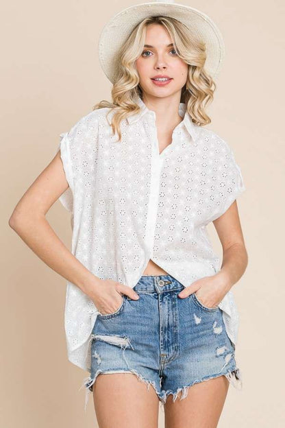 Culture Code Eyelet Crisscross Back Button Up Shirt SOFTWHITE