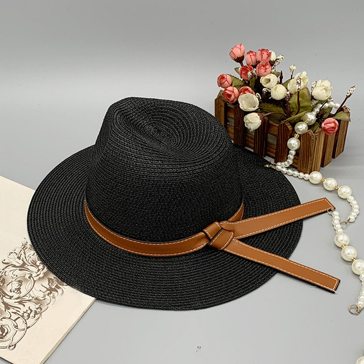 Wide Brim Paper Braided Hat Black One Size