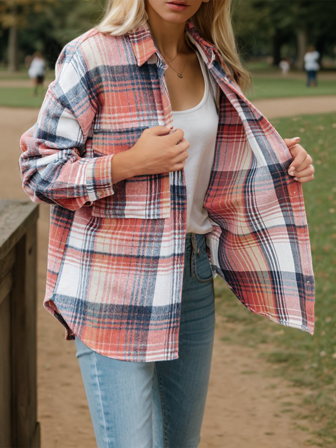 Plaid Button Up Dropped Shoulder Shirt Blush Pink