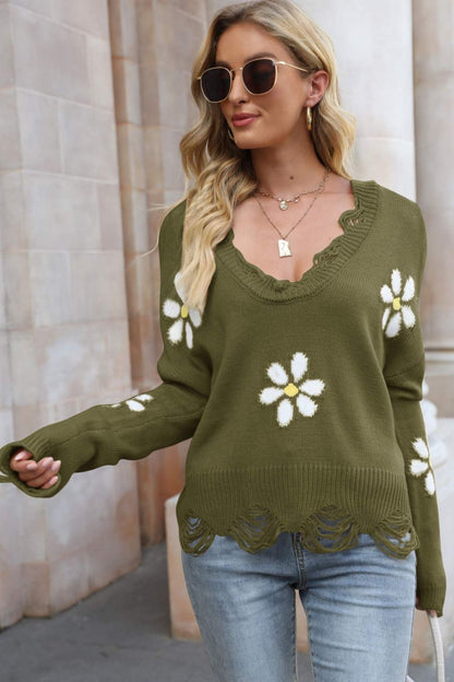 Flower Distressed Ribbed Trim Sweater Green