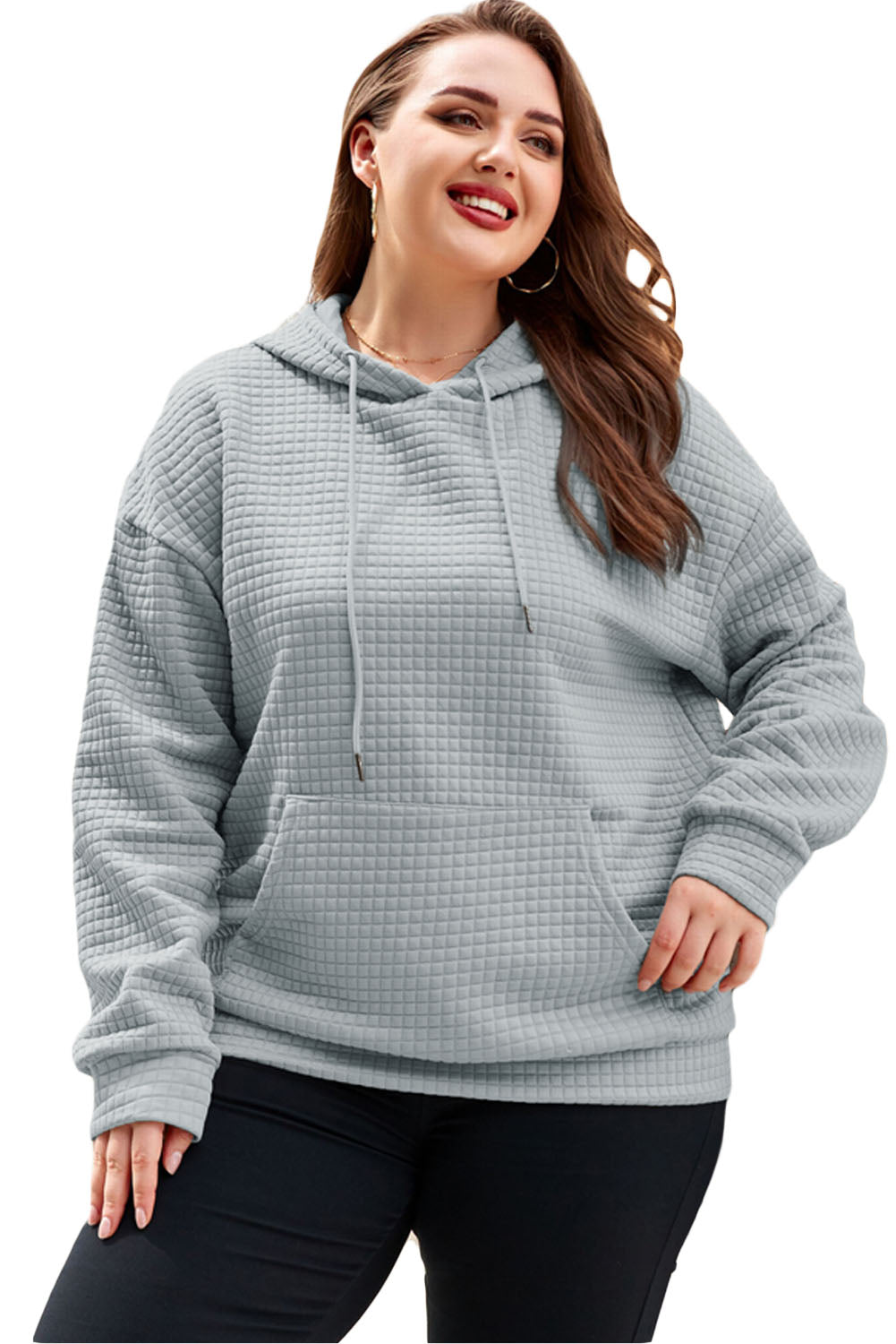 Gray Kangaroo Pockets Quilted Plus Size Hoodie