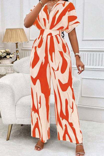 Printed V-Neck Short Sleeve Wide Leg Jumpsuit Orange