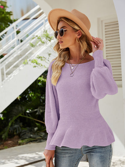 Ribbed Round Neck Lantern Sleeve Sweater Lavender