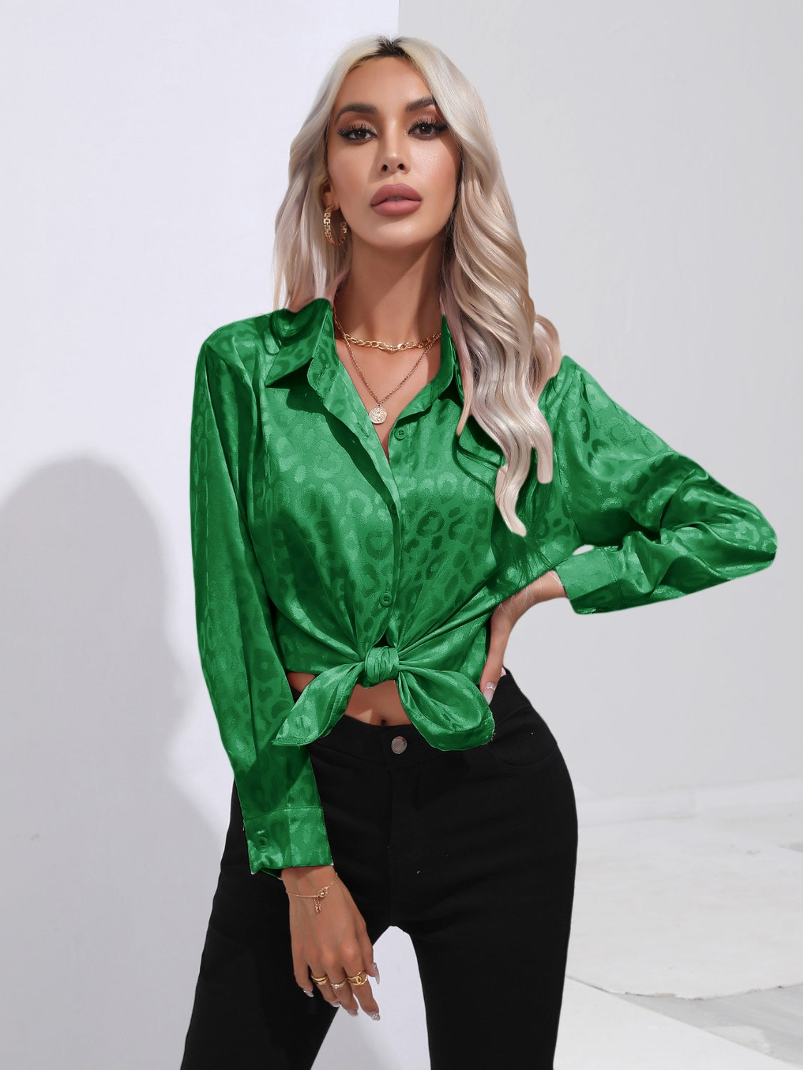 Printed Collared Neck Buttoned Shirt Green