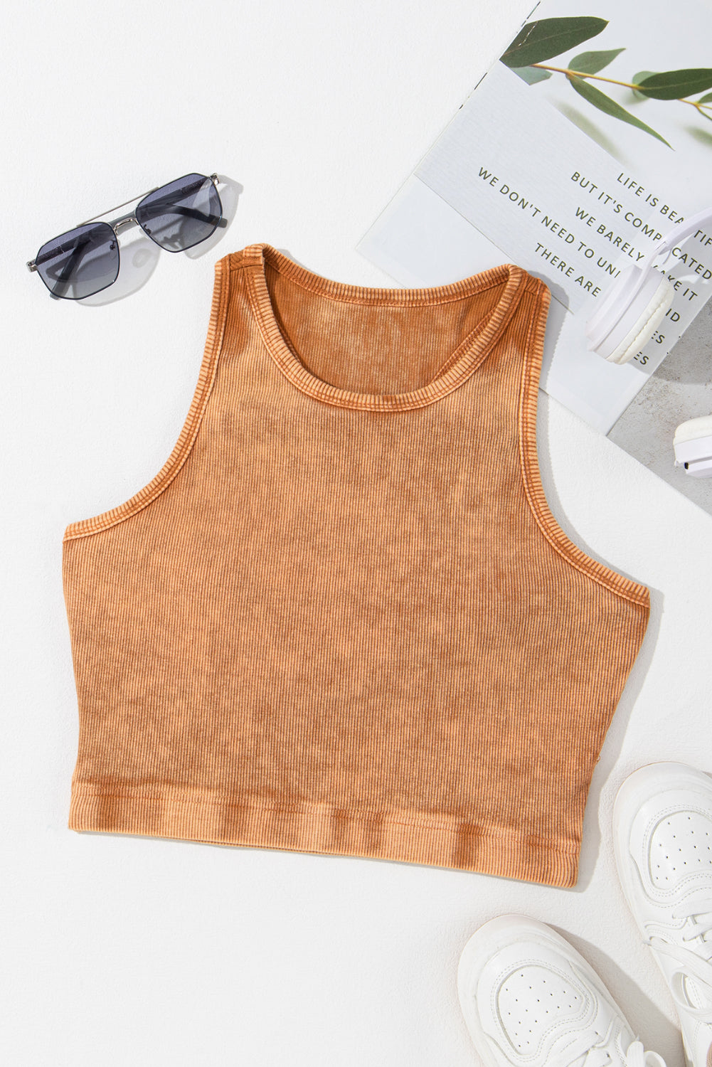 Gold Flame Ribbed Mineral Wash Racerback Cropped Tank Top