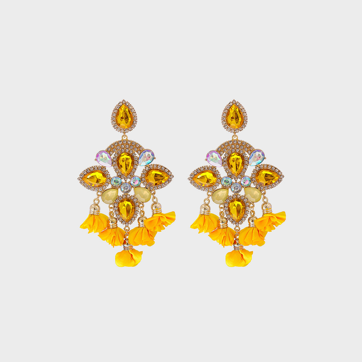 Flower Shape Rhinestone Alloy Dangle Earrings Gold One Size