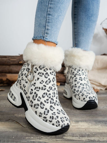 Side Zipper Leopard Platform Boots White