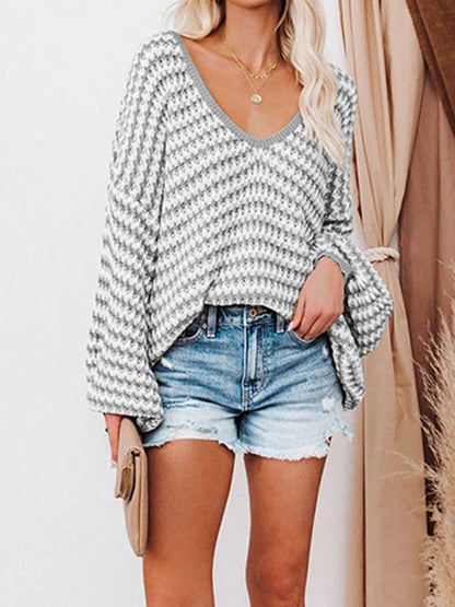 Striped Drop Shoulder V-Neck Sweater Cloudy Blue