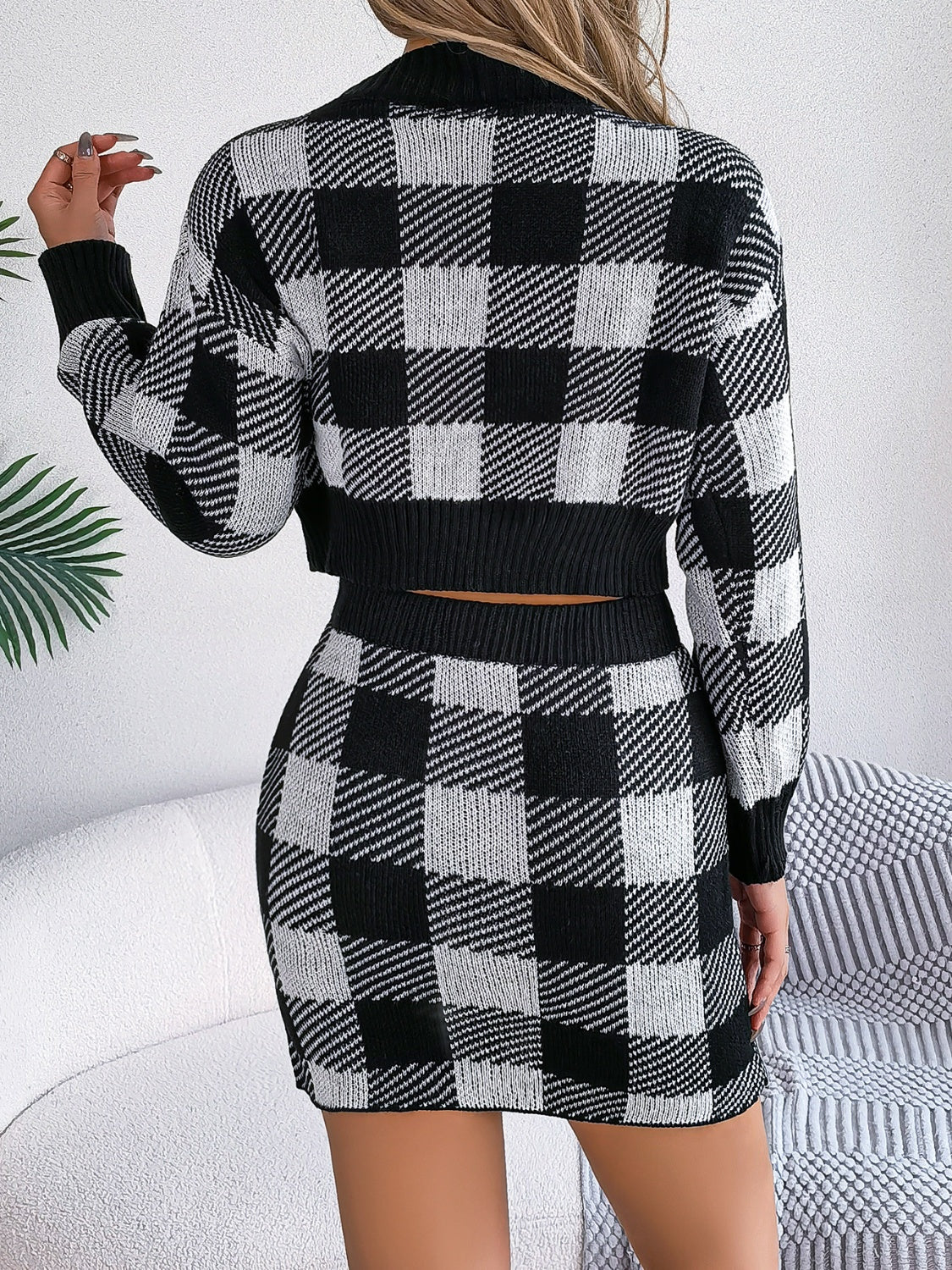 Plaid Round Neck Top and Skirt Sweater Set - Thandynie