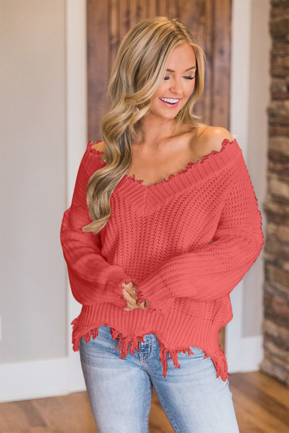 Frayed Hem Dropped Shoulder Sweater Coral