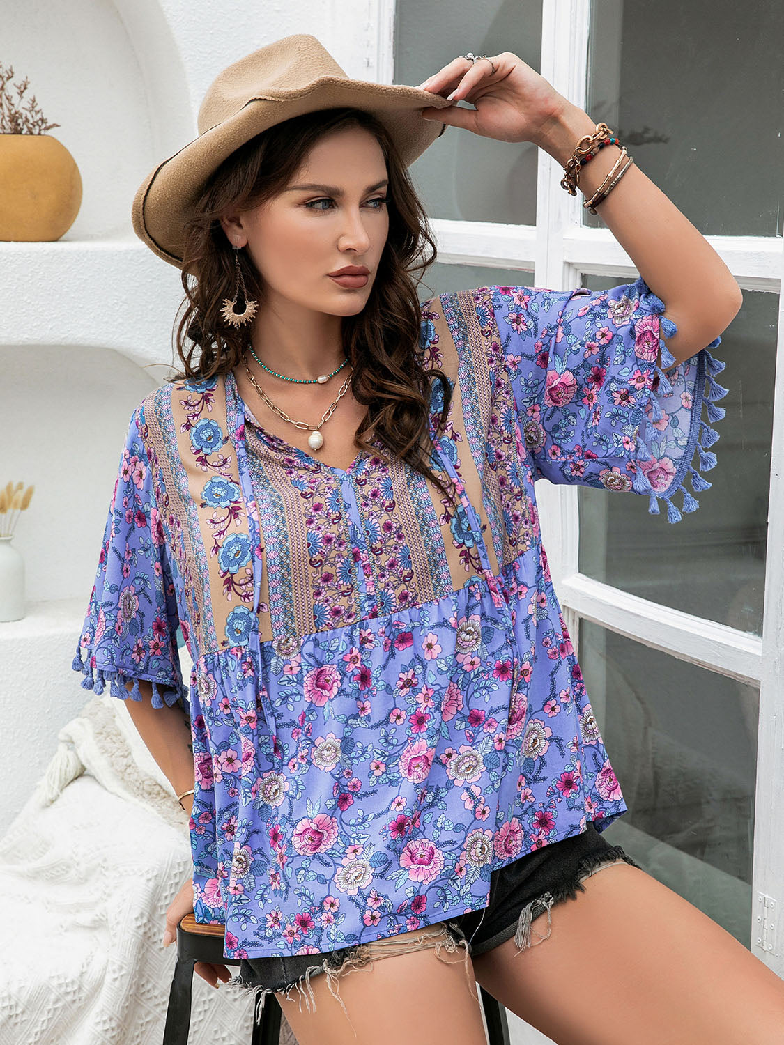 Plus Size Printed V-Neck Half Sleeve Blouse Blue Purple