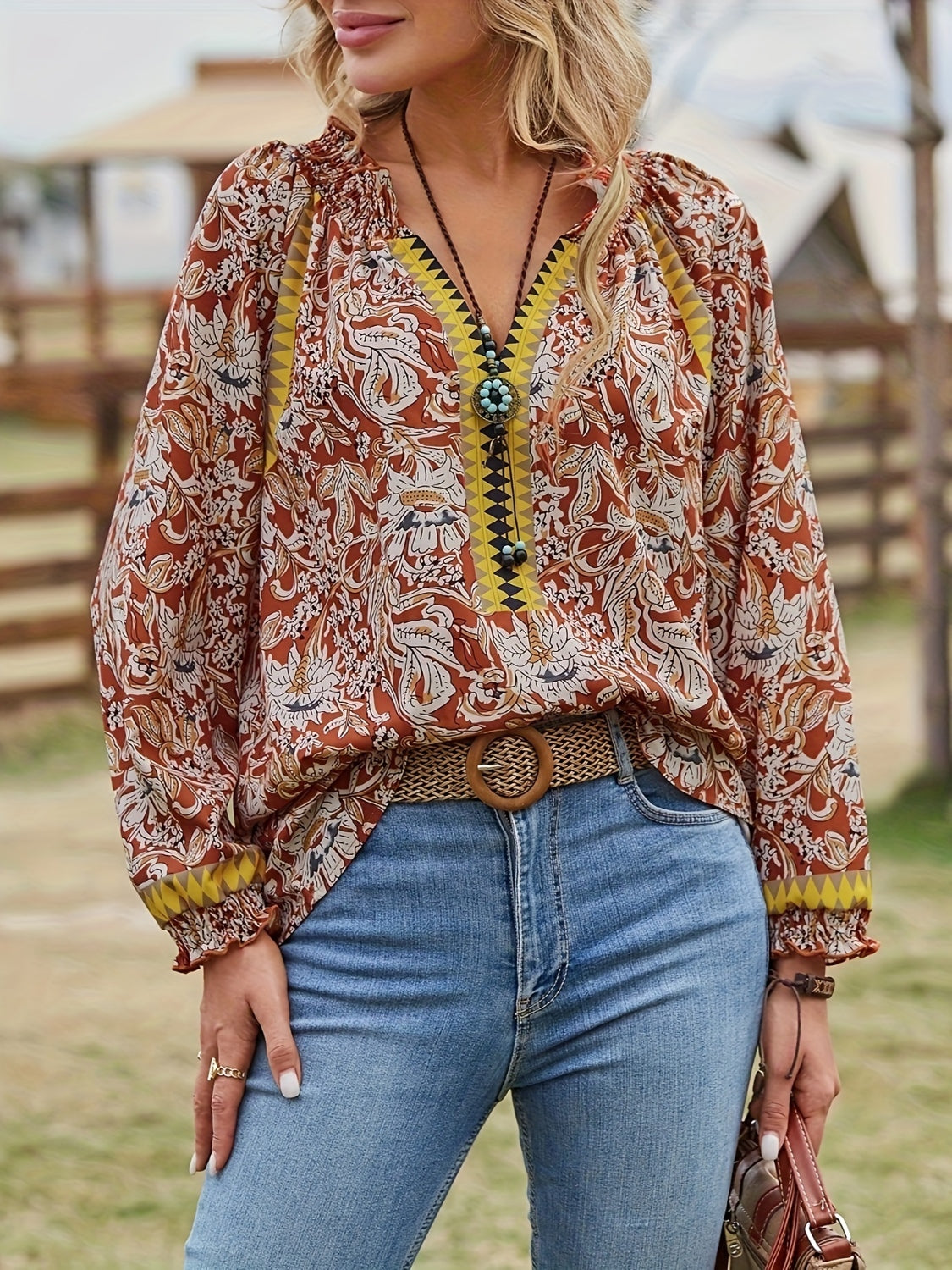 Full Size Printed Notched Long Sleeve Blouse - Thandynie