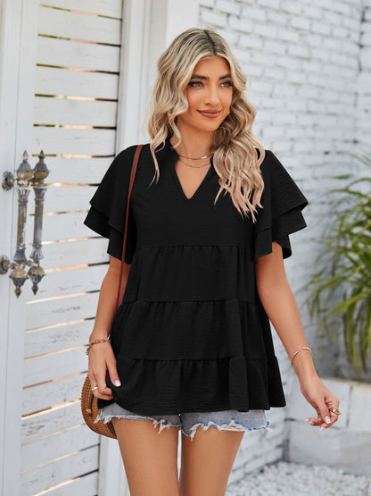 Tiered Notched Short Sleeve Blouse Black