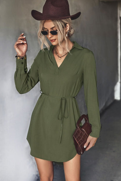 Belted Johnny Collar High-Low Shirt Dress Olive