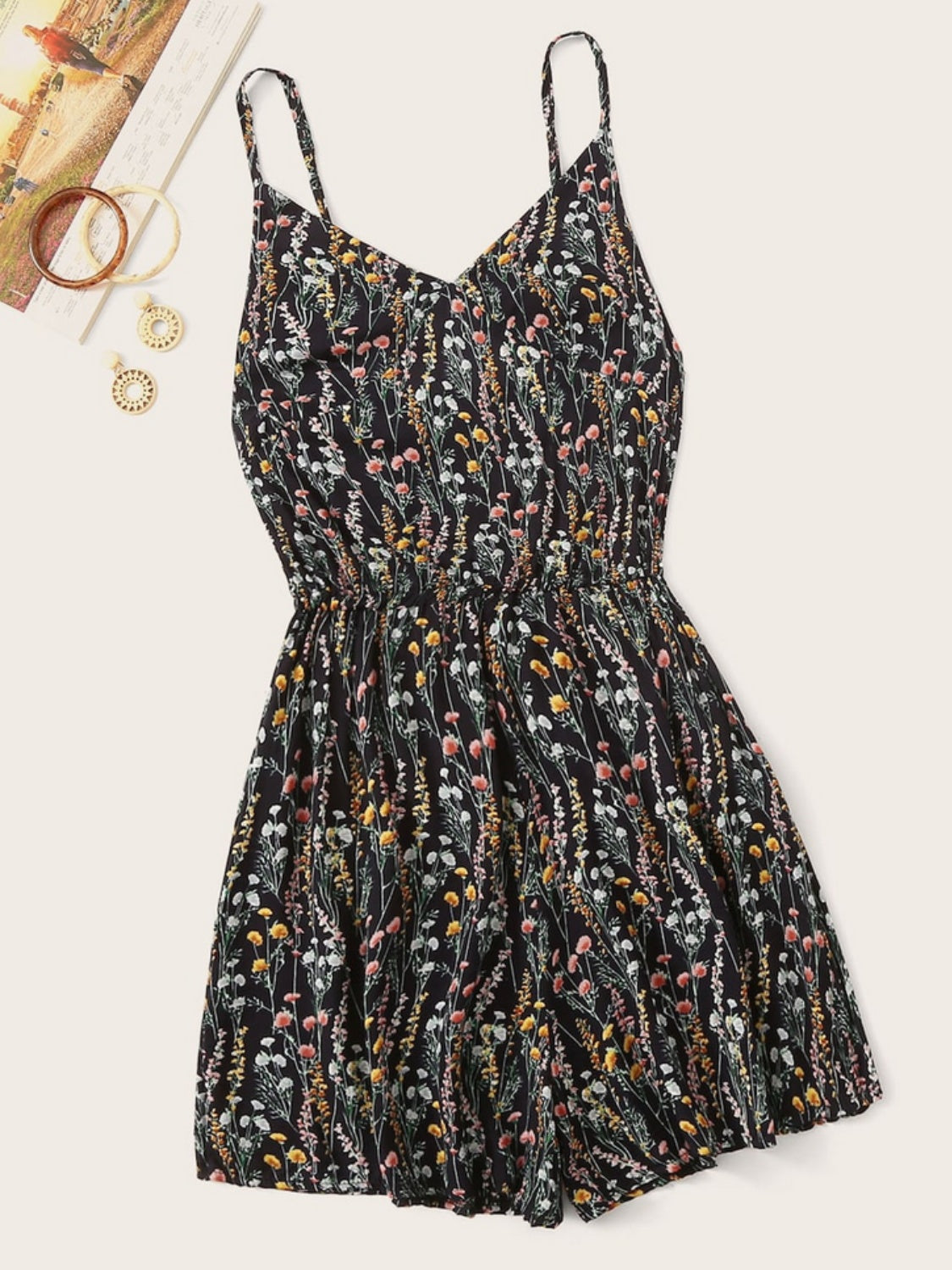 Printed V-Neck Spaghetti Strap Romper Black