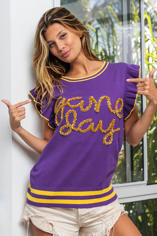 BiBi Game Day Letter Contrast Trim Ruffled Sleeveless Sweater Purple Gold