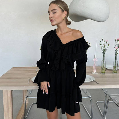 Fashion V Neck Pleated Ruffle Long Sleeve Dress Y2K V Neck Flared Sleeve Short Dress Women's Clothing Black