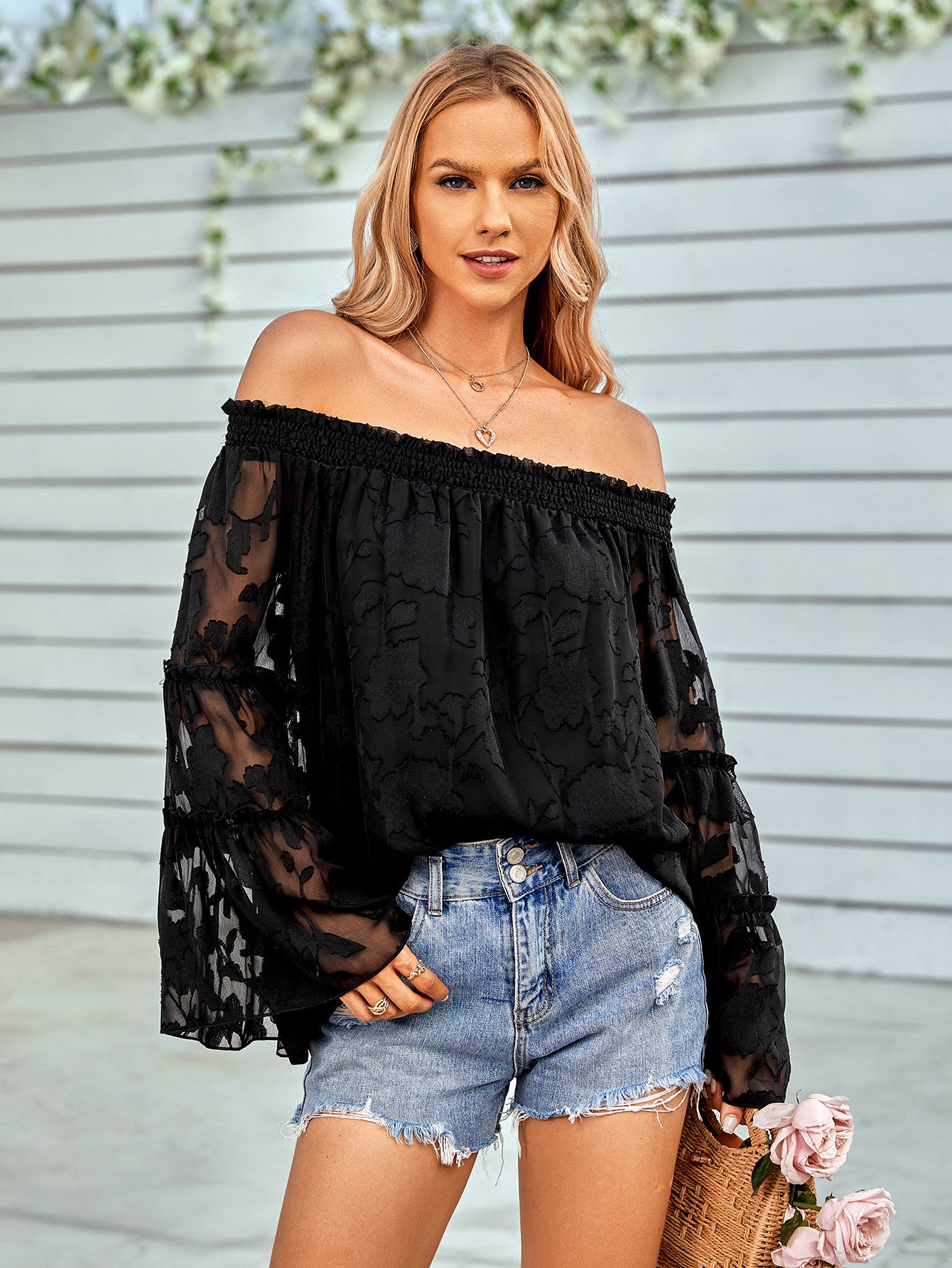 Applique Flounce Sleeve Off-Shoulder Blouse Black