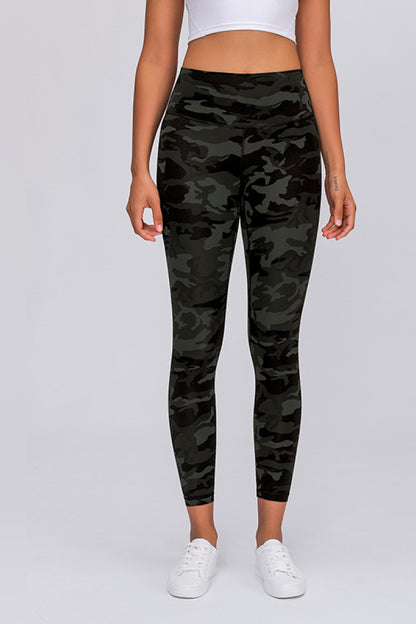 Wide Seamless Band Waist Sports Leggings Green Camouflage