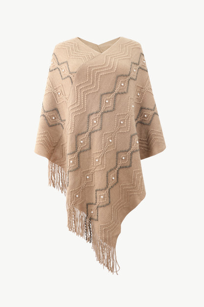 Pearl Trim V-Neck Fringe Hem Poncho Khaki One Size