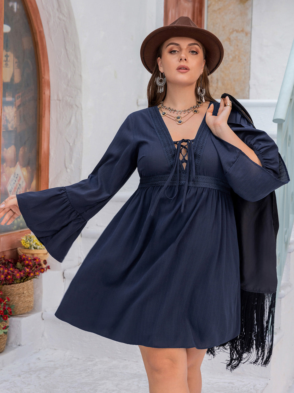Plus Size Tie Front V-Neck Flare Sleeve Dress - Thandynie