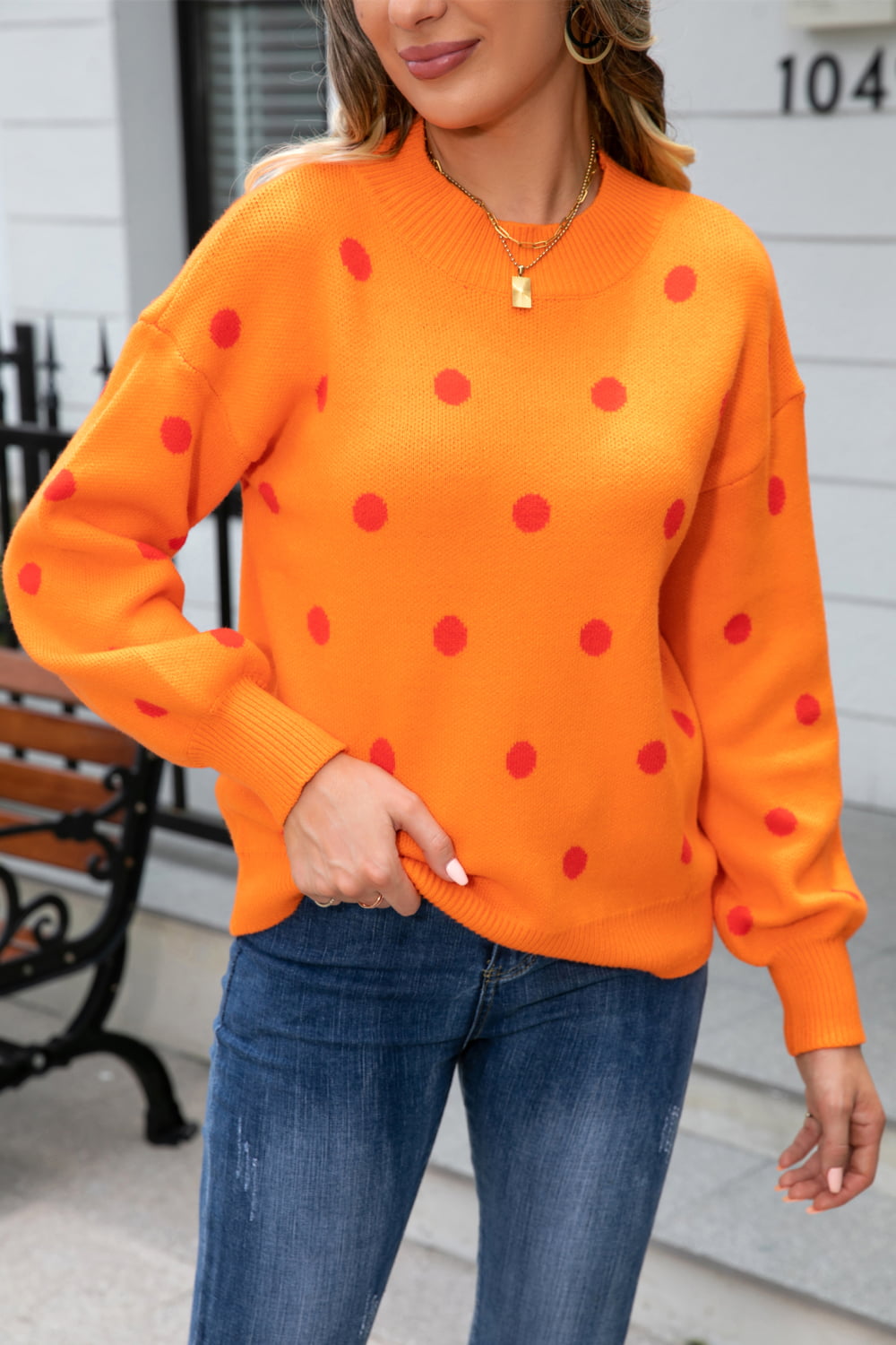 Woven Right Polka Dot Round Neck Dropped Shoulder Sweater