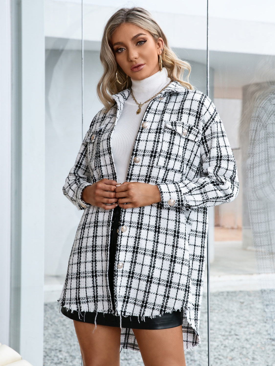 Plaid Pocketed Button Up Dropped Shoulder Jacket White