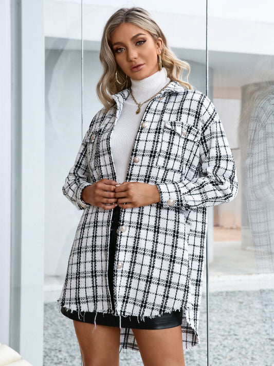 Plaid Pocketed Button Up Dropped Shoulder Jacket - Thandynie