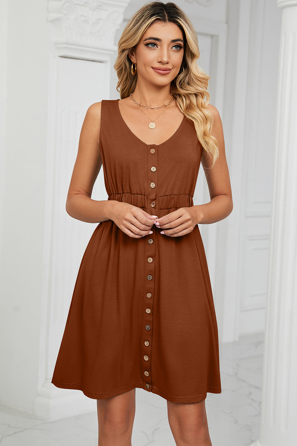 Buttoned Wide Strap Mini Dress Caramel