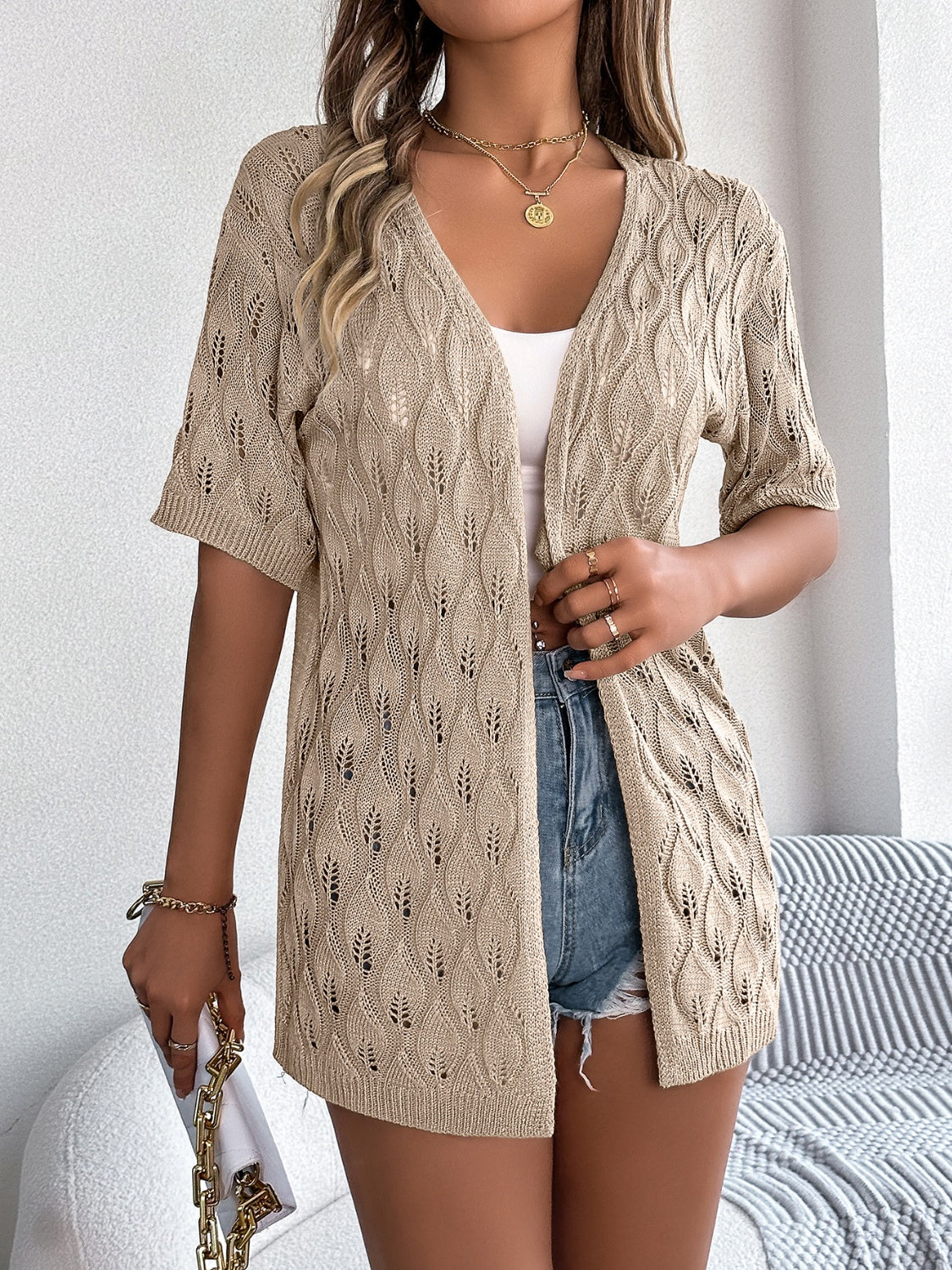 Openwork Open Front Short Sleeve Cardigan - Thandynie