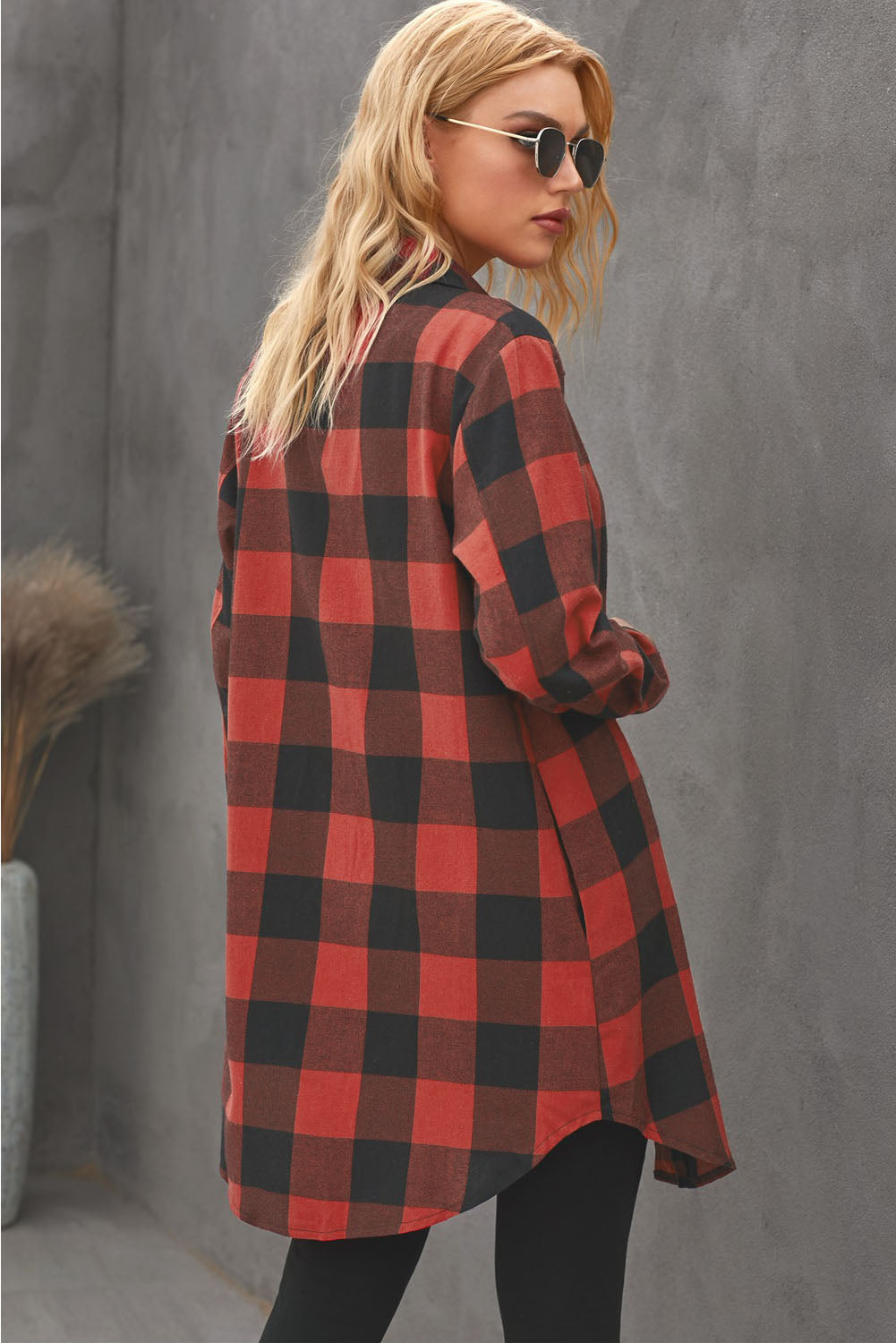 Fiery Red Turn-down Collar Plaid Shirt Coat