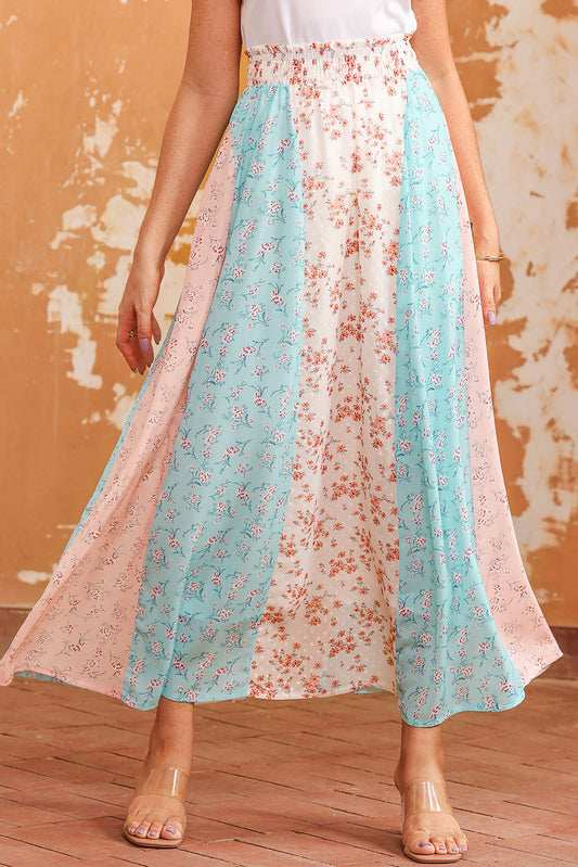 Floral Color Block Smocked Waist Maxi Skirt Floral