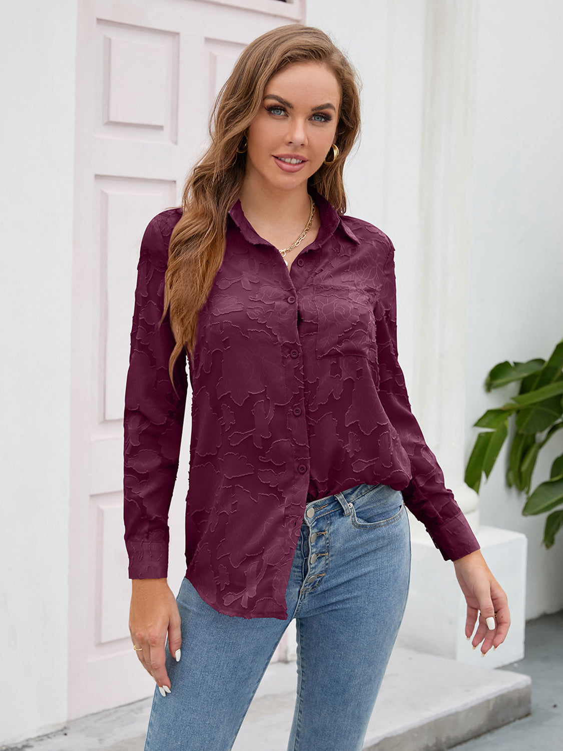 Flower Collared Neck Button Up Shirt Wine