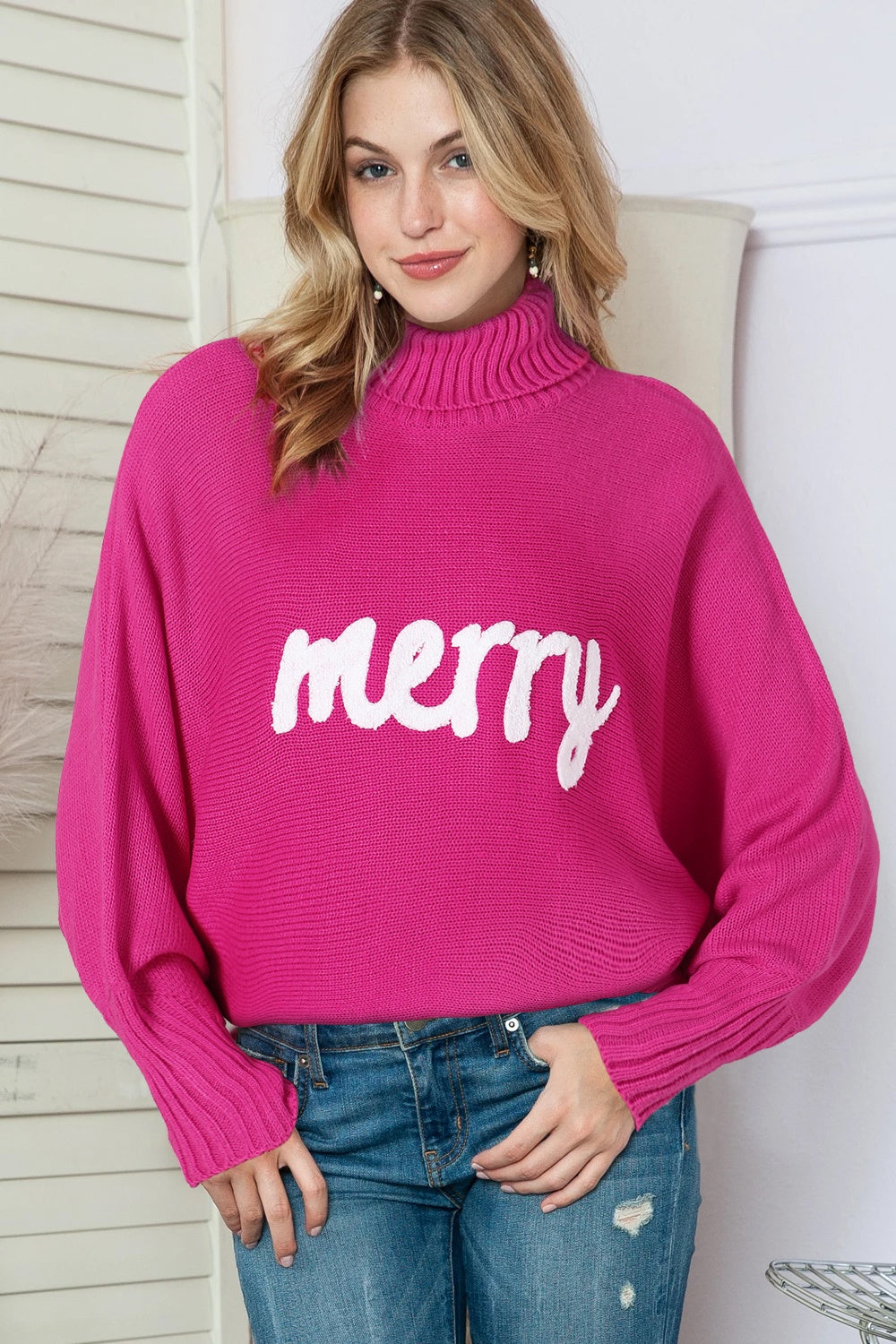 Merry Letter Embroidered High Neck Sweater Deep Rose