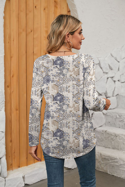 Printed Square Neck Long Sleeve Blouse