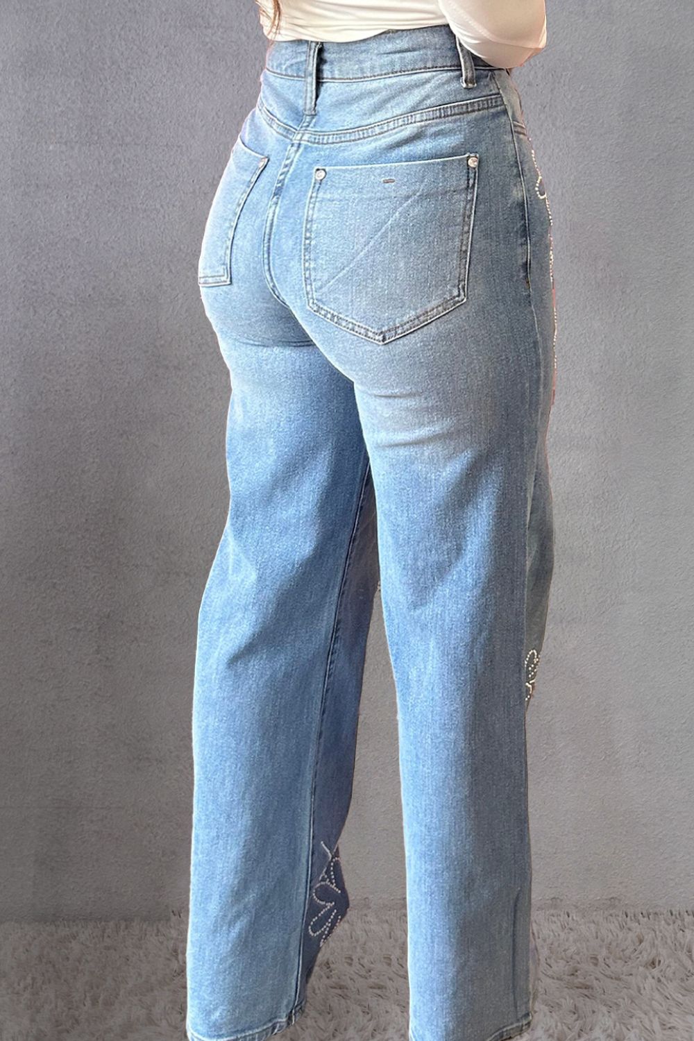Rhinestone Straight Jeans with Pockets - Thandynie