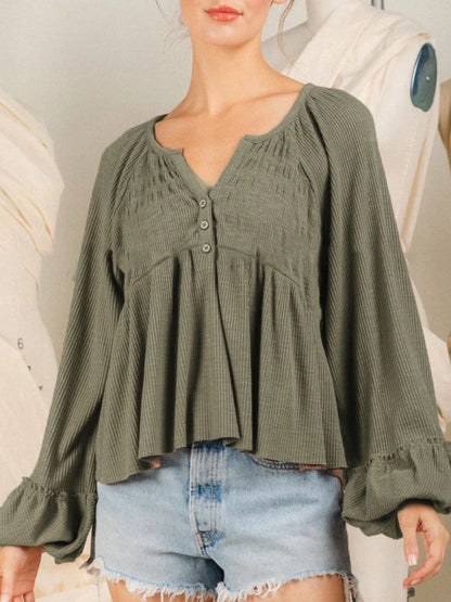 Notched Balloon Sleeve Peplum Blouse Matcha Green