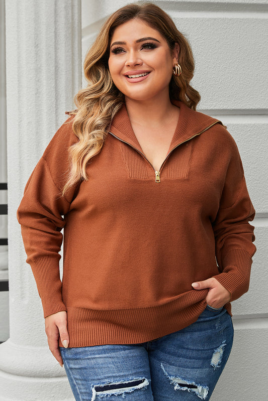 Brown Solid Ribbed Trim Plus Size Zip Collar Sweater Brown 50%Viscose+28%Polyester+22%Polyamide