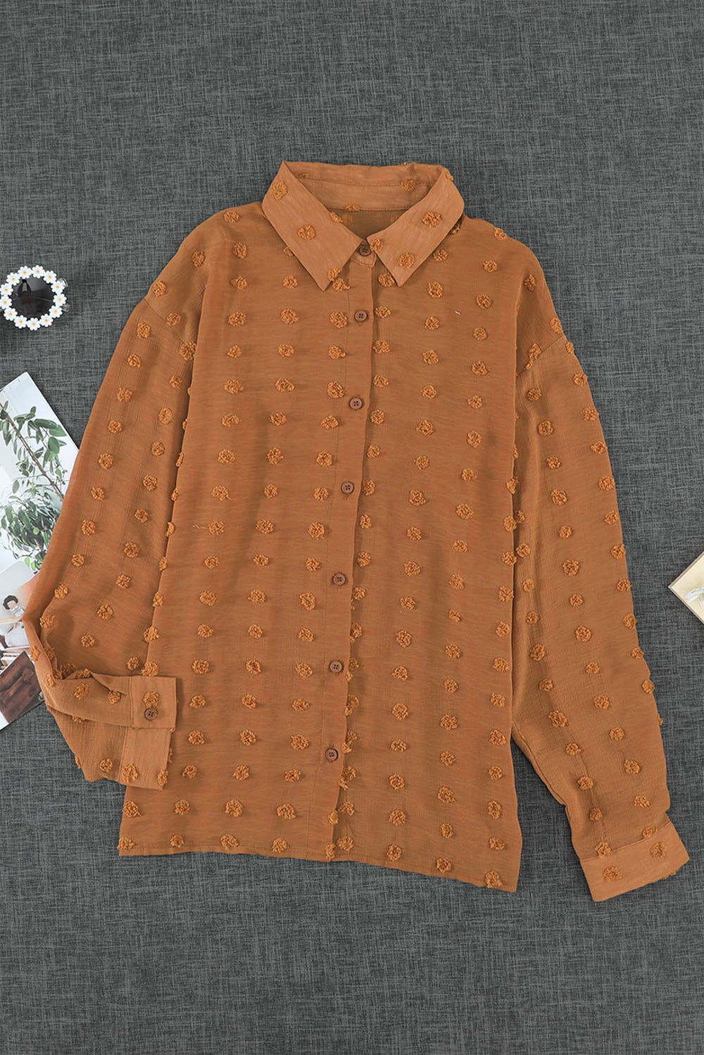 Swiss Dot Button Up Long Sleeve Shirt - Thandynie