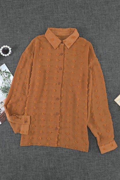 Swiss Dot Button Up Long Sleeve Shirt Caramel