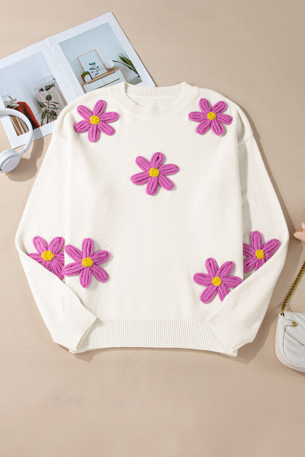 White Plus Size Flower Crochet Drop Shoulder Knit Sweater White 60%Acrylic+40%Polyamide