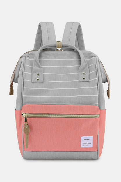 Himawari Waterproof Canvas Backpack Bag with Side Pockets Grey Pink Stripe One Size