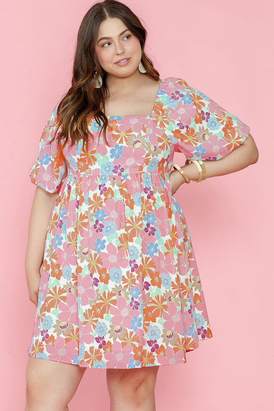 Multicolour Floral Puff Sleeve Square Neck Plus Babydoll Dress Multicolour 100%Polyester